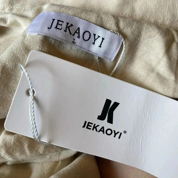 New Men's Jekaoyi Beige Long Sleeve Linen Blend Dress Shirt Size L Resort Wear - Picture 5 of 6